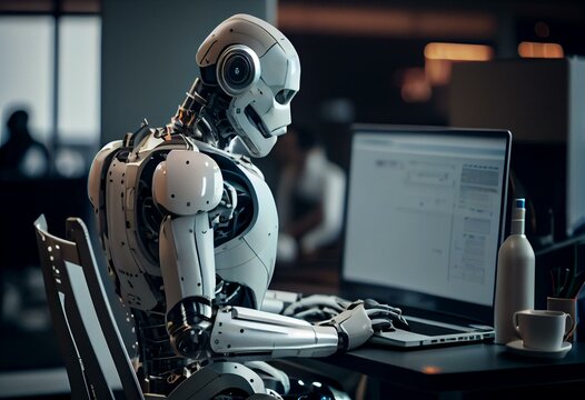 AI artificial intelligence robot machine android white seated at a desk in  a modern corporate business office, focused on a computer screen while  performing work tasks, typing in HD. Generative AI Stock
