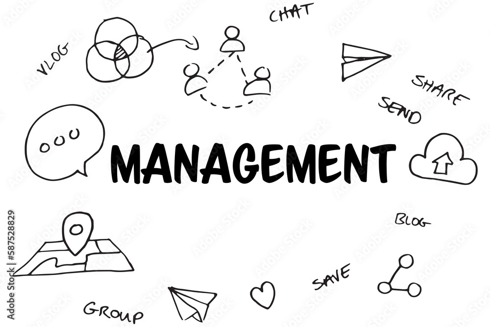 Poster management text surrounded by several vector icons