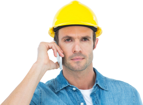 Serious carpenter using mobile phone - Powered by Adobe