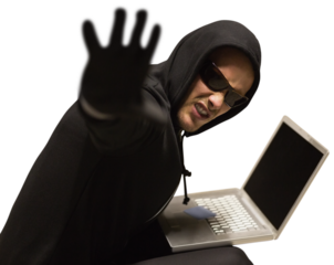Hacker with laptop gesturing
