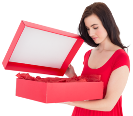 Stylish brunette in red dress opening gift