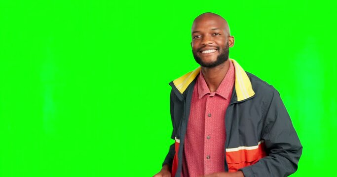 Music, green screen dance and excited black man dancing to song, wellness audio podcast or radio sound track. Freedom energy, fun dancer and male chroma key celebration on mockup studio background