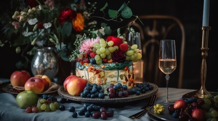 Obraz na płótnie Canvas Wedding cake with fruits and glass of wine on the table, Generative AI