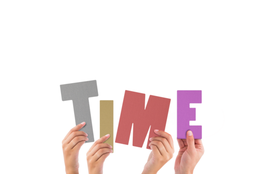 Cropped hands holding colorful alphabets forming time - Powered by Adobe