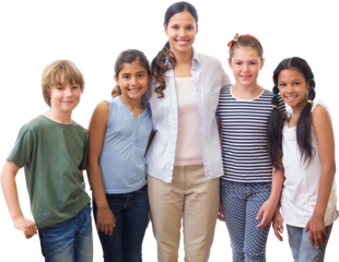Cute pupils and teacher smiling at camera in computer class 