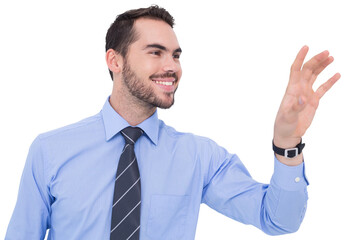 Happy businessman catching something with his hand