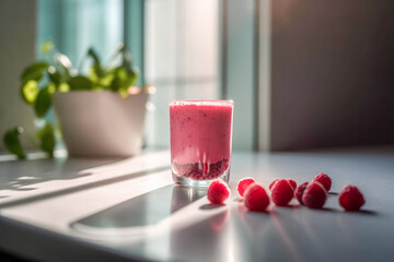 Glass with tasty raspberry smoothie on marble table in the kitchen, ai generated.