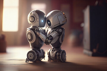 Fototapeta premium a robot that is sitting on the floor and looking at it's reflection in the mirror, with its eyes closed. Generative AI