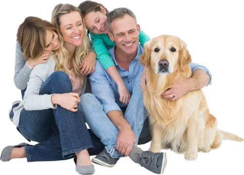 Happy family with golden retriever