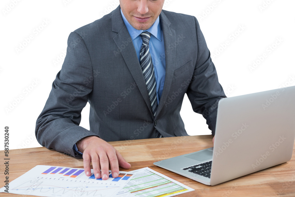 Poster businessman using laptop while checking graph