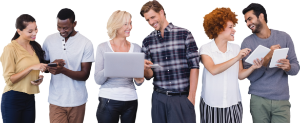 Smiling business people using technology against white background
