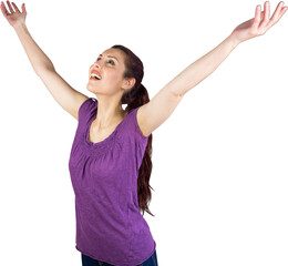 Fototapeta premium Smiling woman with arms raised