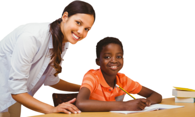 Teacher assisting boy with homework in library