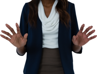 Mid section of businesswoman using interface screen