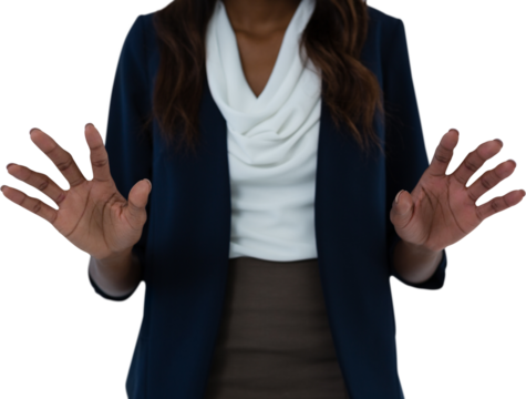Mid section of businesswoman using interface screen