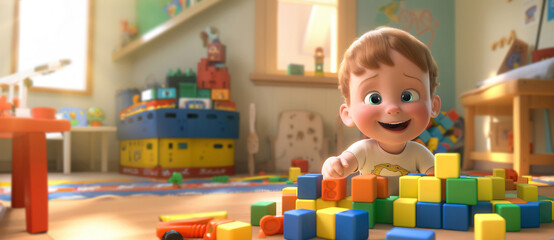 cute baby boy playing with kids colorful blocks in his bedroom or kindergarten room as banner with copyspace area - Generative AI