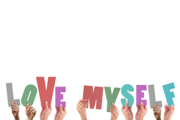 Hands holding colorful words love myself 