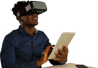 Male African-american use virtual reality headset and digital tablet