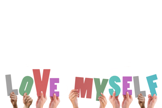 Hands holding colorful words love myself - Powered by Adobe