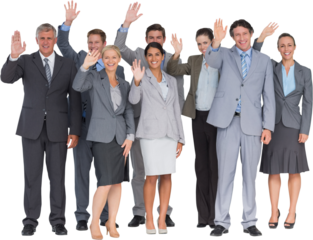 Smiling business team waving at camera