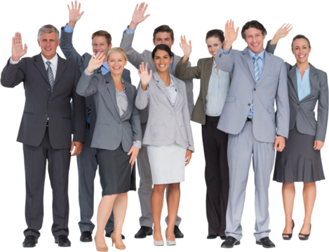 Smiling business team waving at camera