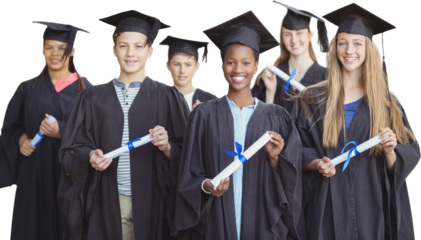 Portrait of students holding degree