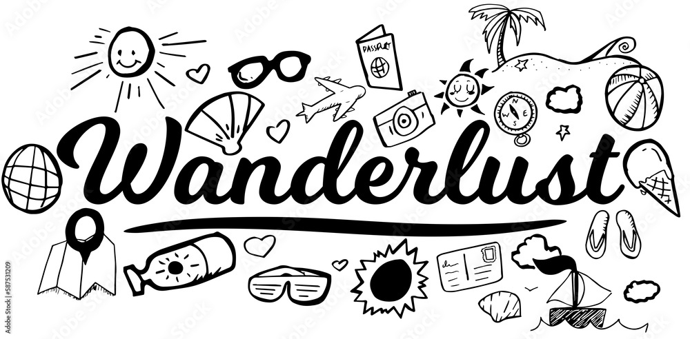 Poster Composite image of wanderlust text with symbols