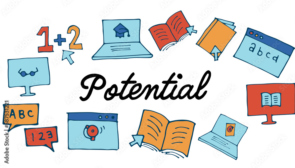 Poster pottential text surrounded by various colorful vector icons