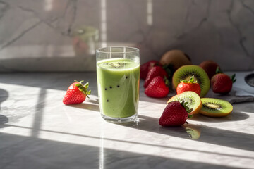 Glass with tasty kiwi strawberry smoothie on marble table in the kitchen. ai generated.
