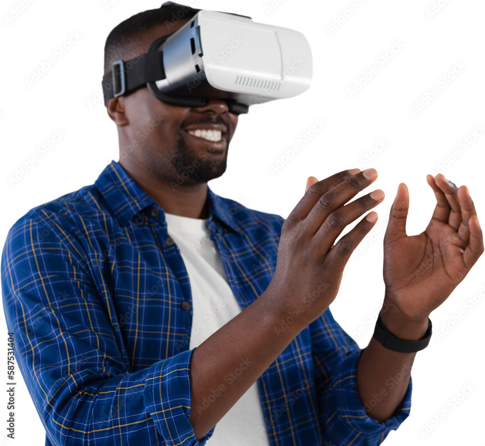 Poster man gesturing while using virtual reality headset