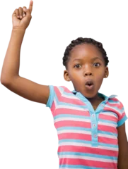 Foto auf Alu-Dibond Portrait of cute schoolgirl with hand raised © vectorfusionart