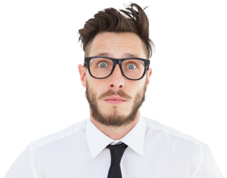 Geeky young businessman looking at camera