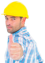 Portrait of confident handyman gesturing thumbs up