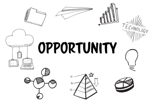 Oppotunity text surrounded by various vector icons