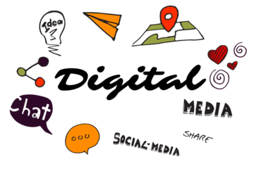 Digital text surrounded by various icons