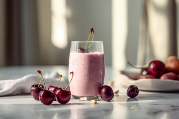 Glass with tasty cherry almond smoothie on marble table in the kitchen, ai generated.