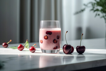 Glass with tasty cherry almond smoothie on marble table in the kitchen, ai generated.