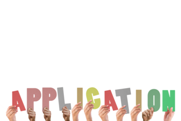 Colorful alphabet spelling application held up by people 