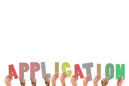 Colorful alphabet spelling application held up by people  - Powered by Adobe