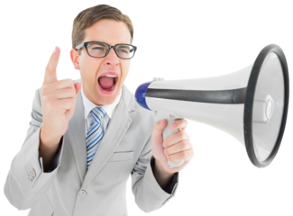 Geeky businessman shouting through megaphone