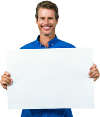 Portrait of happy man holding placard