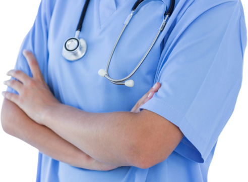 Close-up view of doctor standing with arms crossed 