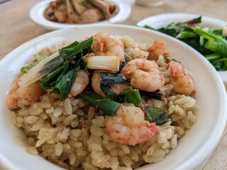 The close-up view of shrimp Rice, a famous street food in Tainan, Taiwan. It is made with ...