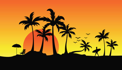 Plakat Hello summer vector background , Summer beach, palm tree silhouette