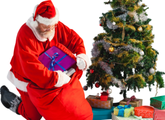Santa Claus arranging Christmas presents in bag