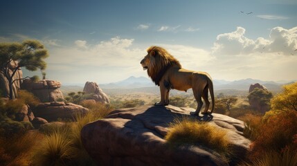 Fototapeta na wymiar Majestic Lion Standing on a Rock Overlooking a Vast Savannah With Copy Space
