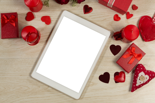 Digital tablet and valentine decorations