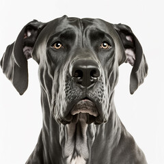 Adorable great dane dog portrait looking at camera isolated on white background as concept of domestic pet in ravishing hyper realistic detail by Generative AI.
