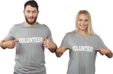 Man and woman showing volunteer text on tshirts 