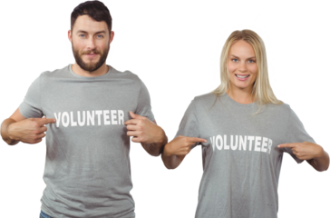 Man and woman showing volunteer text on tshirts 